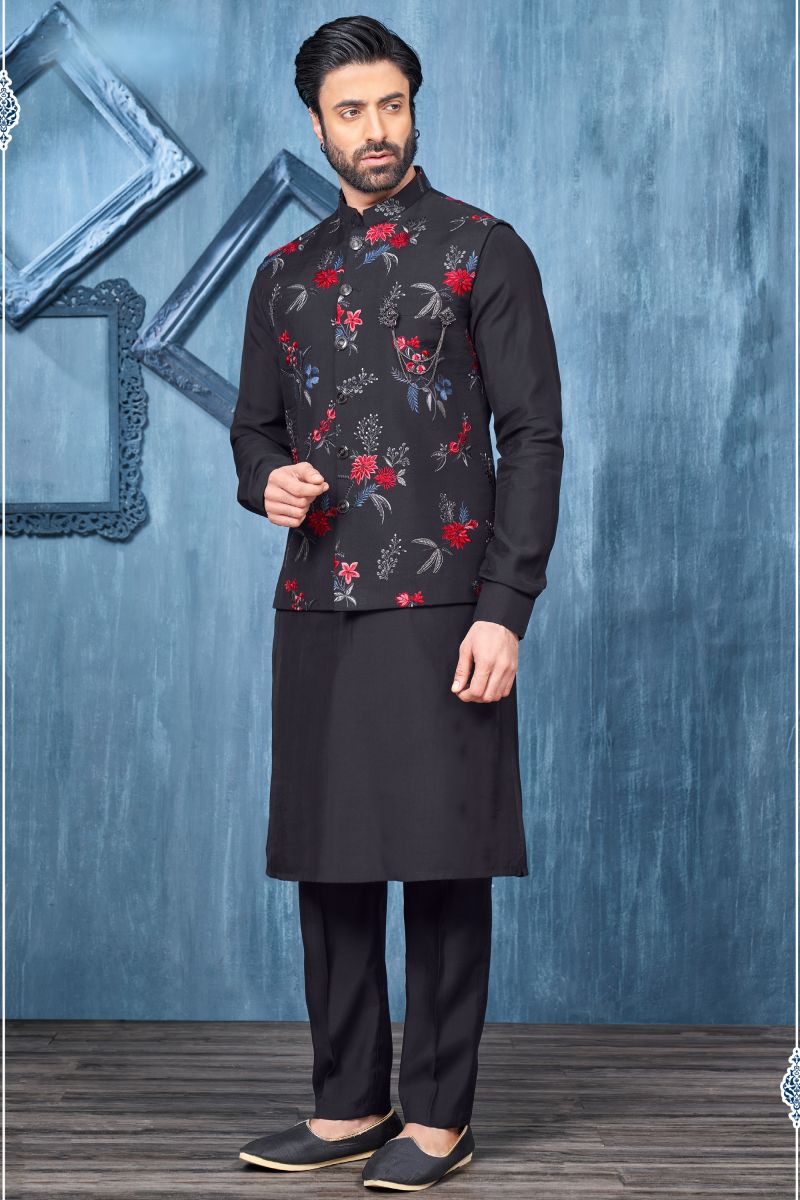 Embroidery Work Black Color Sangeet Wear Pretty Readymade Kurta Pyjama For Men With Jacket