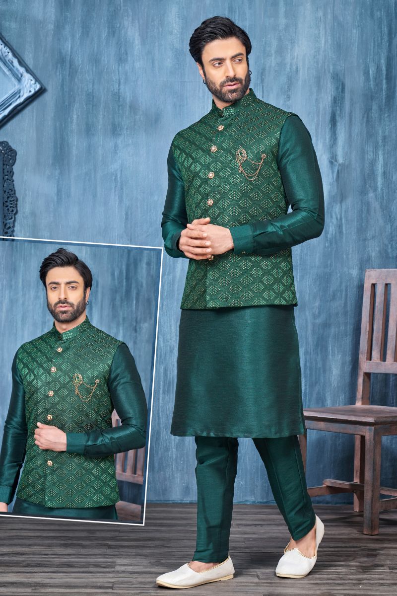 Green Color Beautiful Embroidery Work Banarasi Silk Fabric Wedding Wear Readymade Kurta Pyjama For Men With Jacket