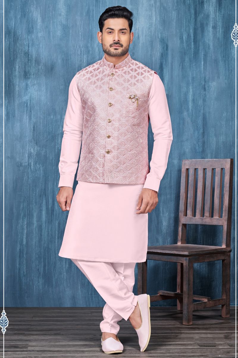 Pink Color Banarasi Silk Fabric Function Wear Readymade Kurta Pyjama For Men With Modi Jacket Set