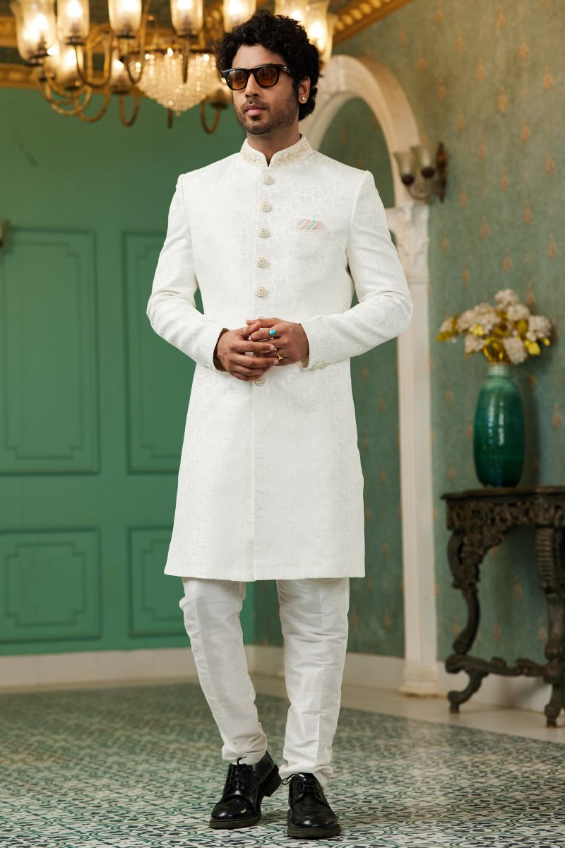 Off White Color Reception Wear Readymade Jacquard Silk Fabric Indo Western For Men