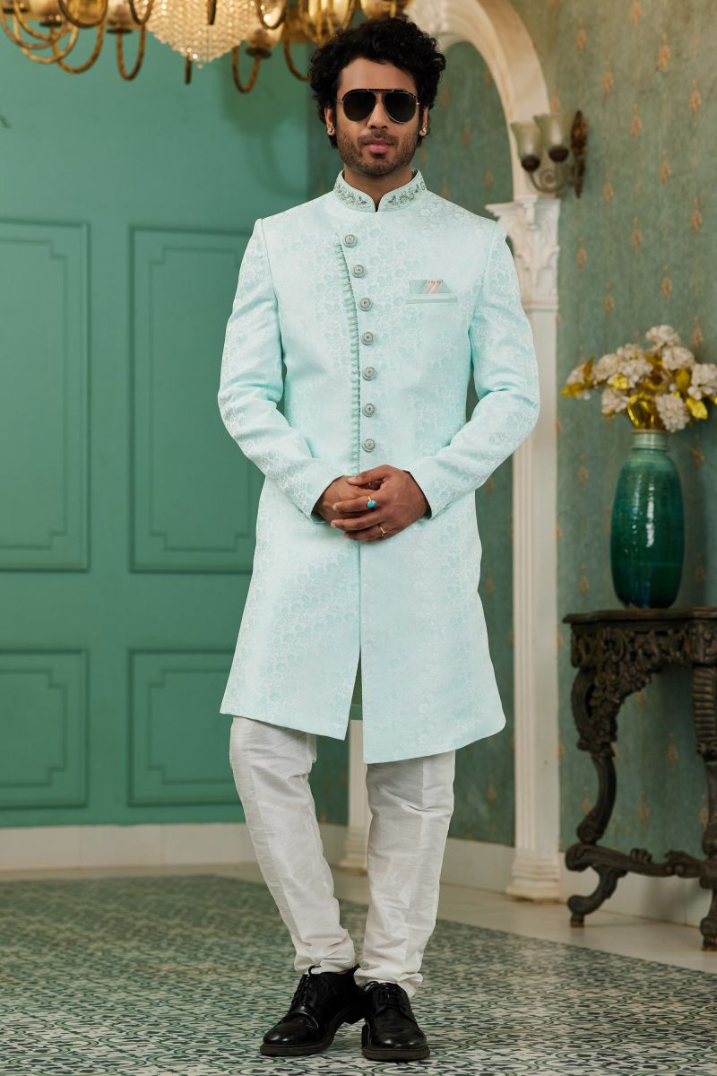 Sangeet Wear Readymade Indo Western For Men In Sea Green Jacquard Silk Fabric