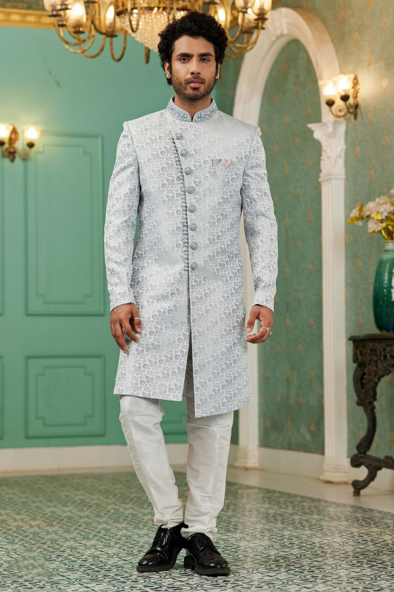 Sangeet Wear Readymade Indo Western For Men In Jacquard Silk Grey Color