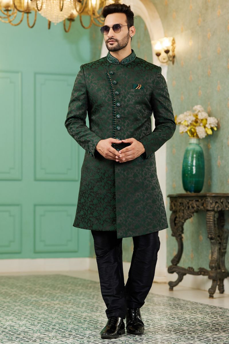 Dark Green Color Sangeet Wear Jacquard Silk Fabric Designer Readymade Indo Western For Men