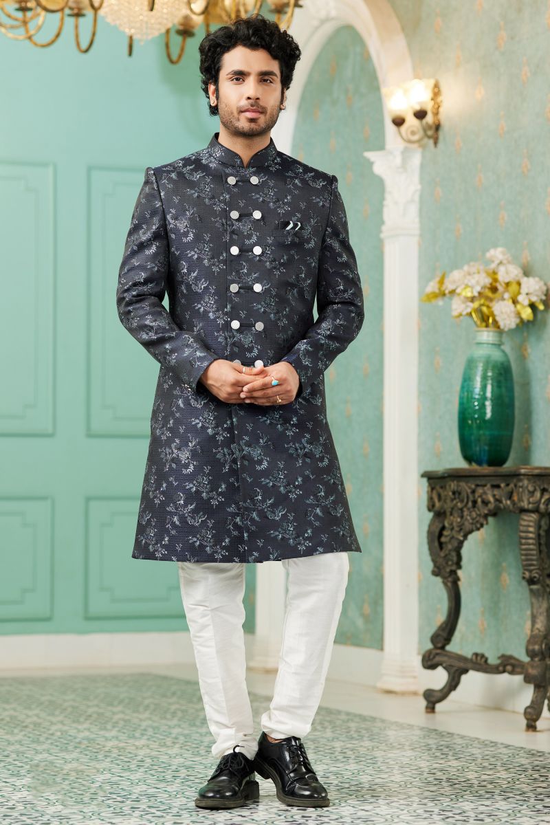 Navy Blue Color Jacquard Silk Fabric Reception Wear Striking Readymade Indo Western For Men