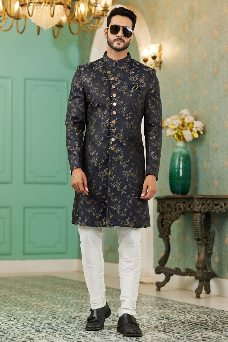 Jacquard Silk Fabric Wedding Wear Navy Blue Readymade Indo Western For Men