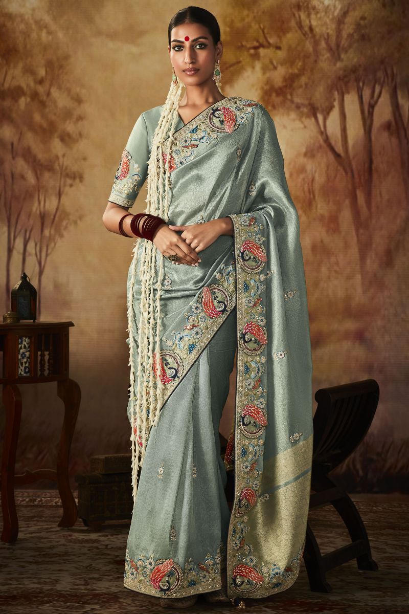 Embroidery Work Banarasi Kanjivaram Saree In Light Cyan Color