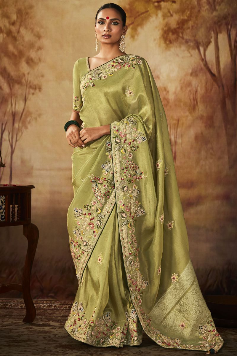 Embroidery Work Alluring Green Color Banarasi Kanjivaram Saree