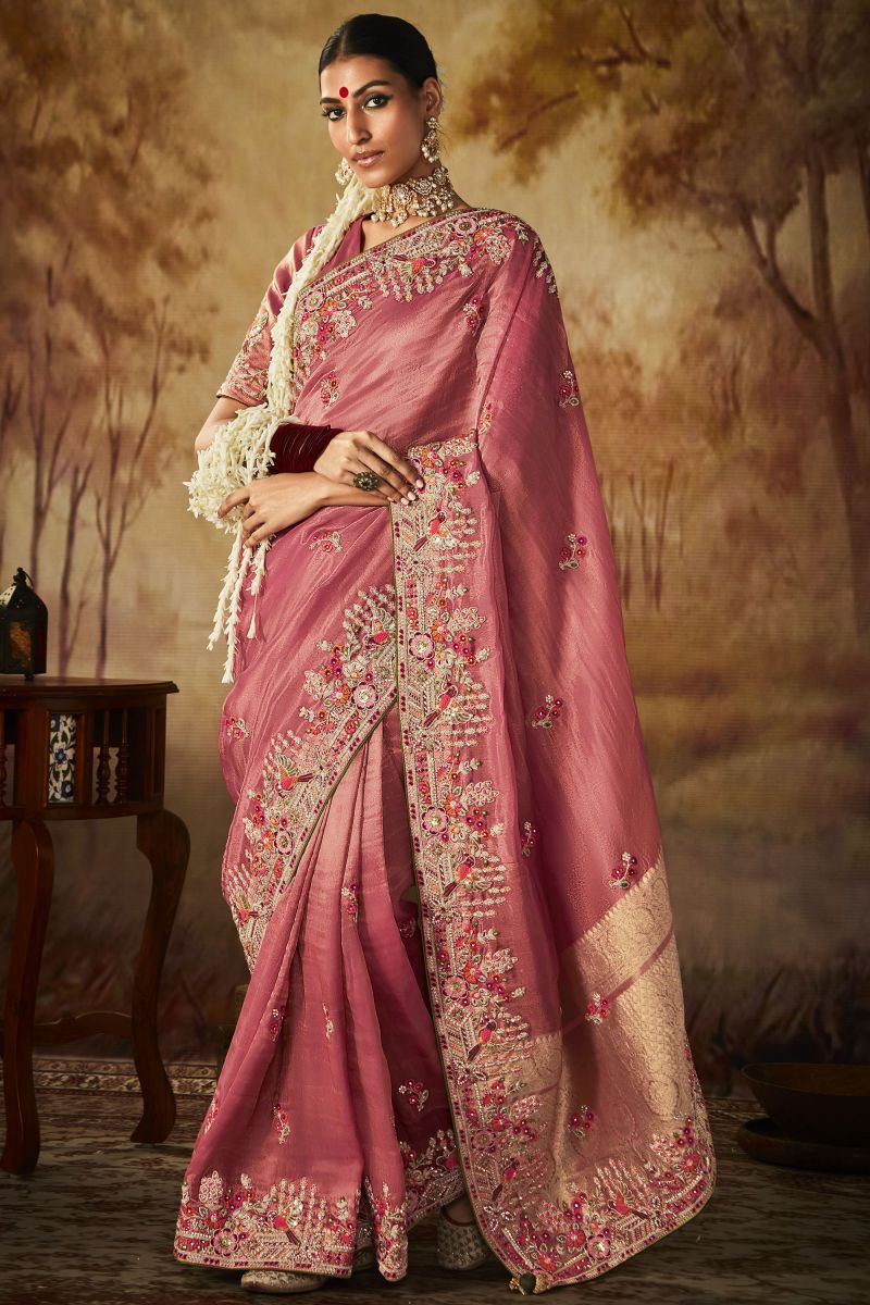 Pink Color Graceful Embroidery Work Banarasi Kanjivaram Saree