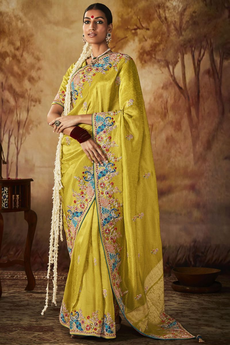 Yellow Embroidery Work Banarasi Kanjivaram Saree