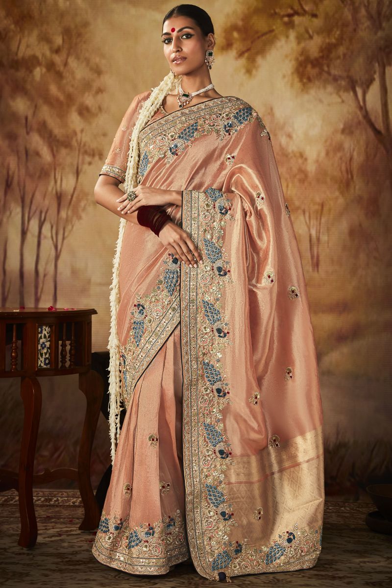 Peach Color Gorgeous Embroidery Work Banarasi Kanjivaram Saree