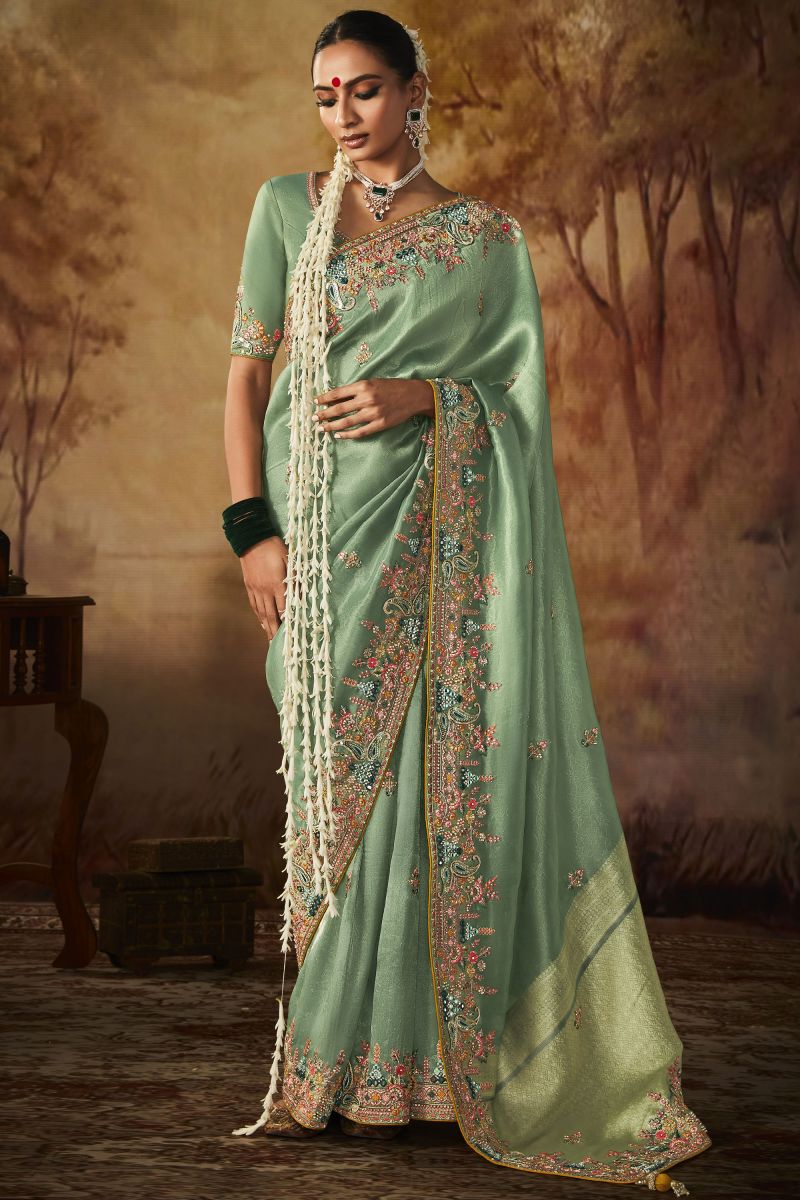 Sea Green Color Pleasant Embroidery Work Banarasi Kanjivaram Saree