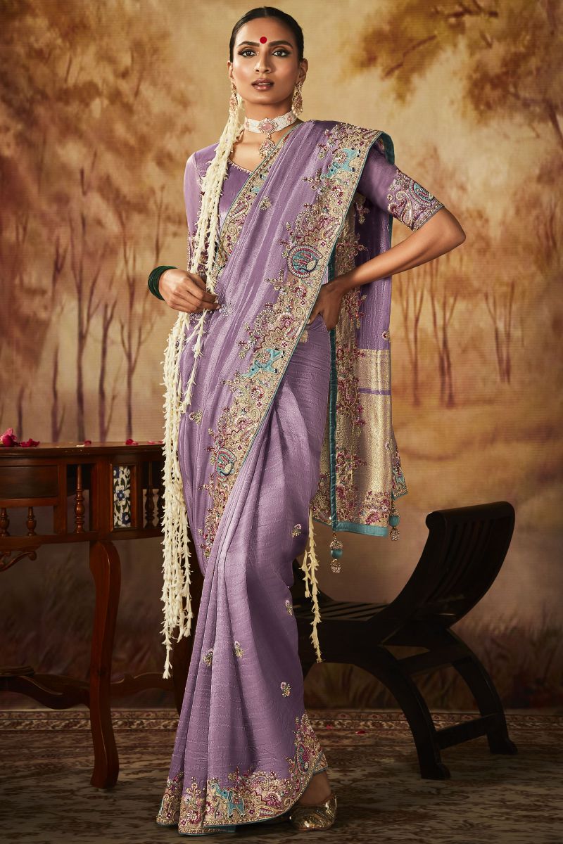 Lavender Color Brilliant Embroidery Work Banarasi Kanjivaram Saree