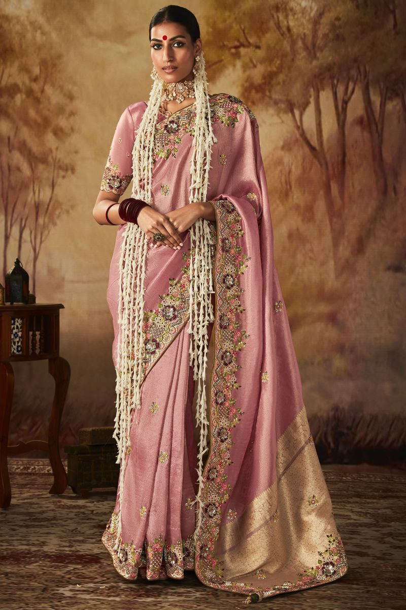 Pink Color Embroidery Work Banarasi Kanjivaram Saree