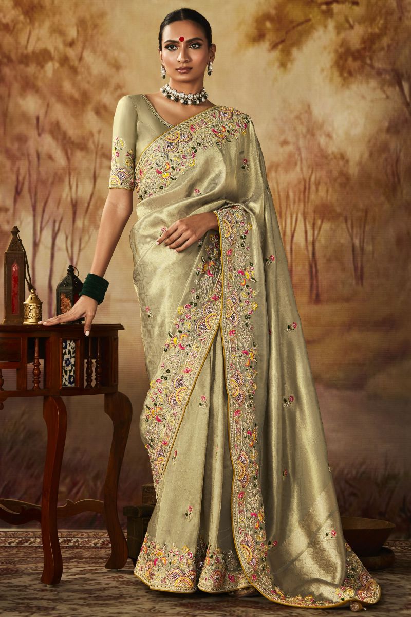 Beige Color Embroidery Work Banarasi Kanjivaram Saree