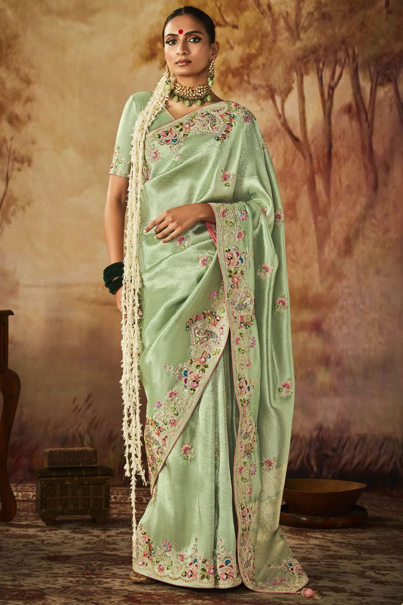 Sea Green Color Glorious Embroidery Work Banarasi Kanjivaram Saree