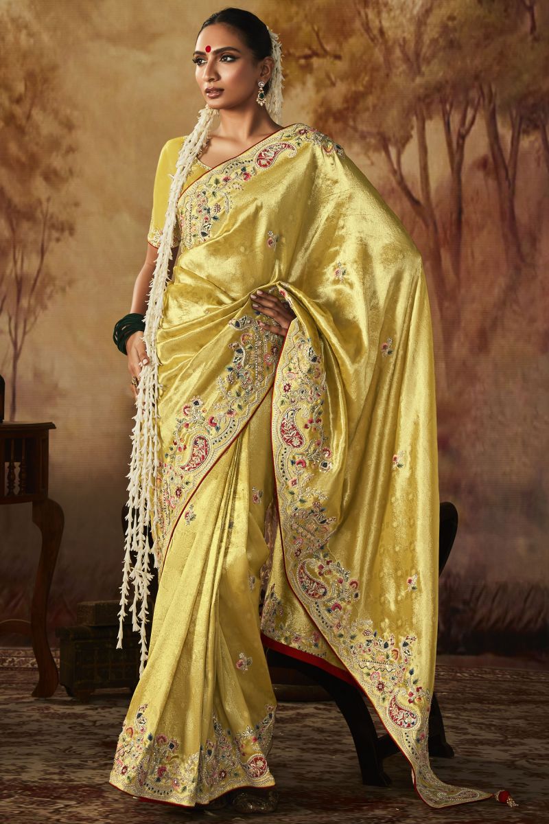 Yellow Color Embroidery Work Banarasi Kanjivaram Saree