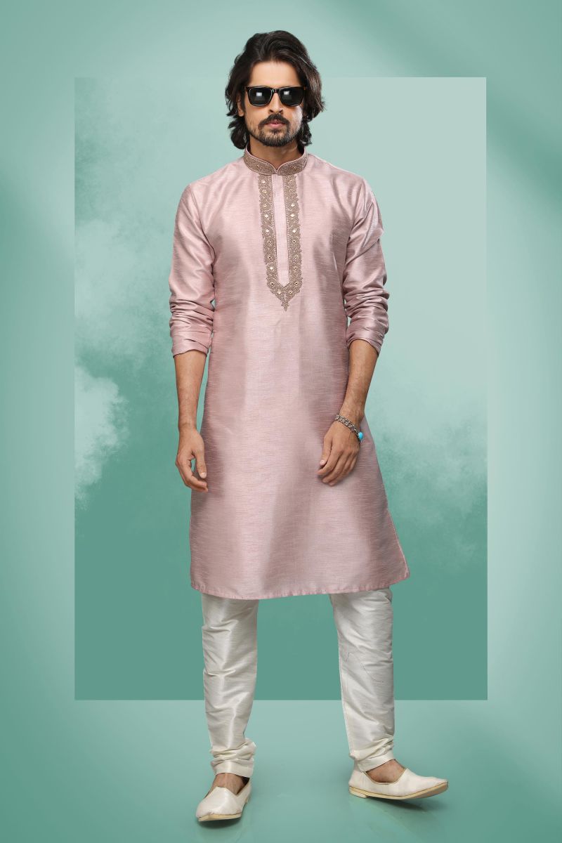 Pink Color Engaging Art Silk Festive Wear Readymade Kurta Pyjama For Men