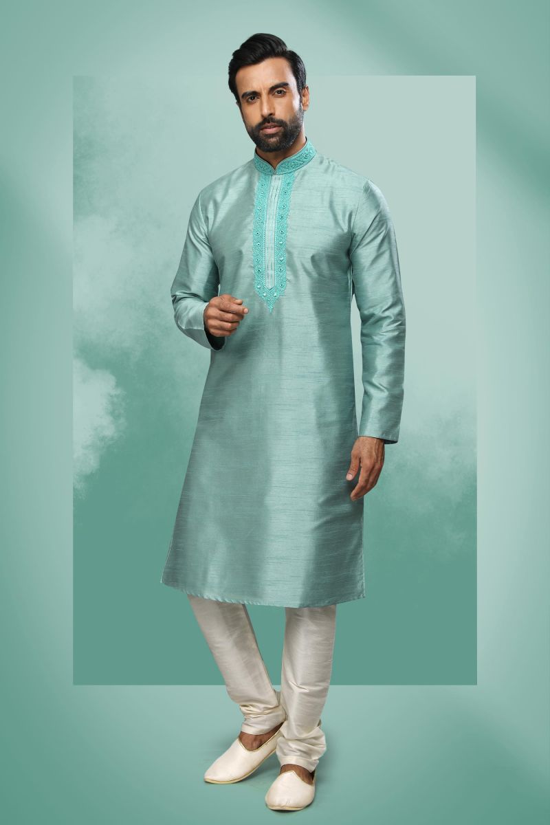 Cyan Color Art Silk Festive Wear Captivating Readymade Kurta Pyjama For Men