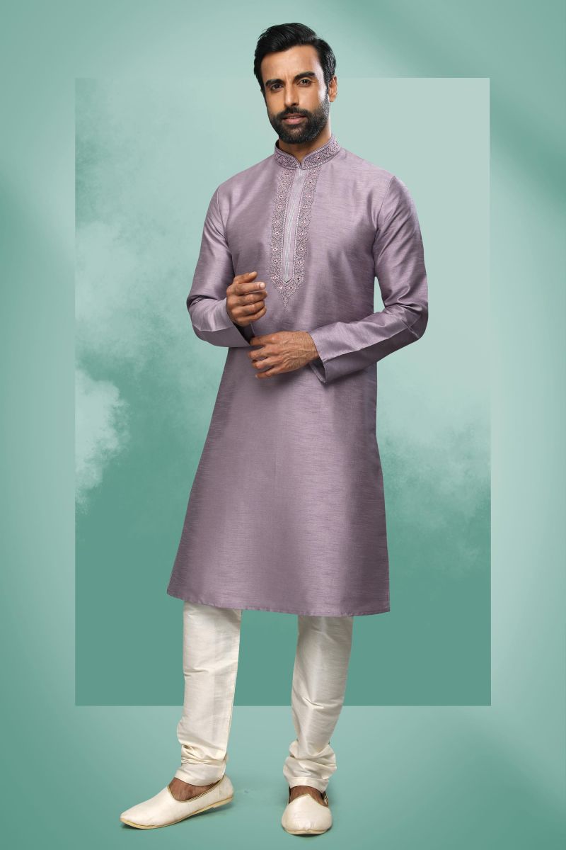 Lavender Art Silk Sangeet Wear Readymade Kurta Pyjama For Men