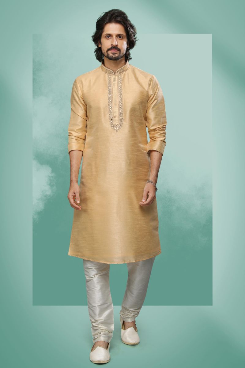 Beige Color Gorgeous Art Silk Wedding Wear Readymade Kurta Pyjama For Men