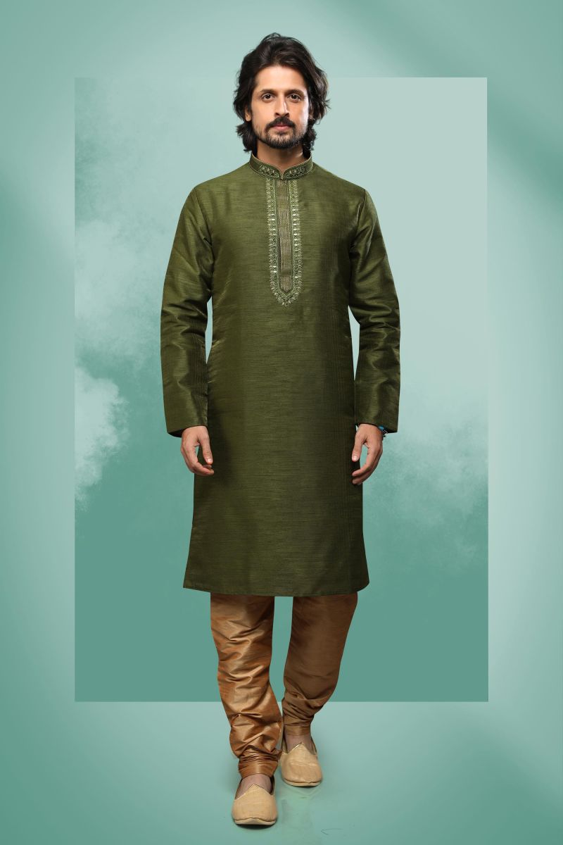 Green Color Art Silk Reception Wear Striking Readymade Kurta Pyjama For Men