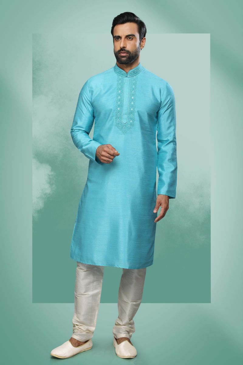 Cyan Color Stunning Art Silk Function Wear Readymade Kurta Pyjama For Men