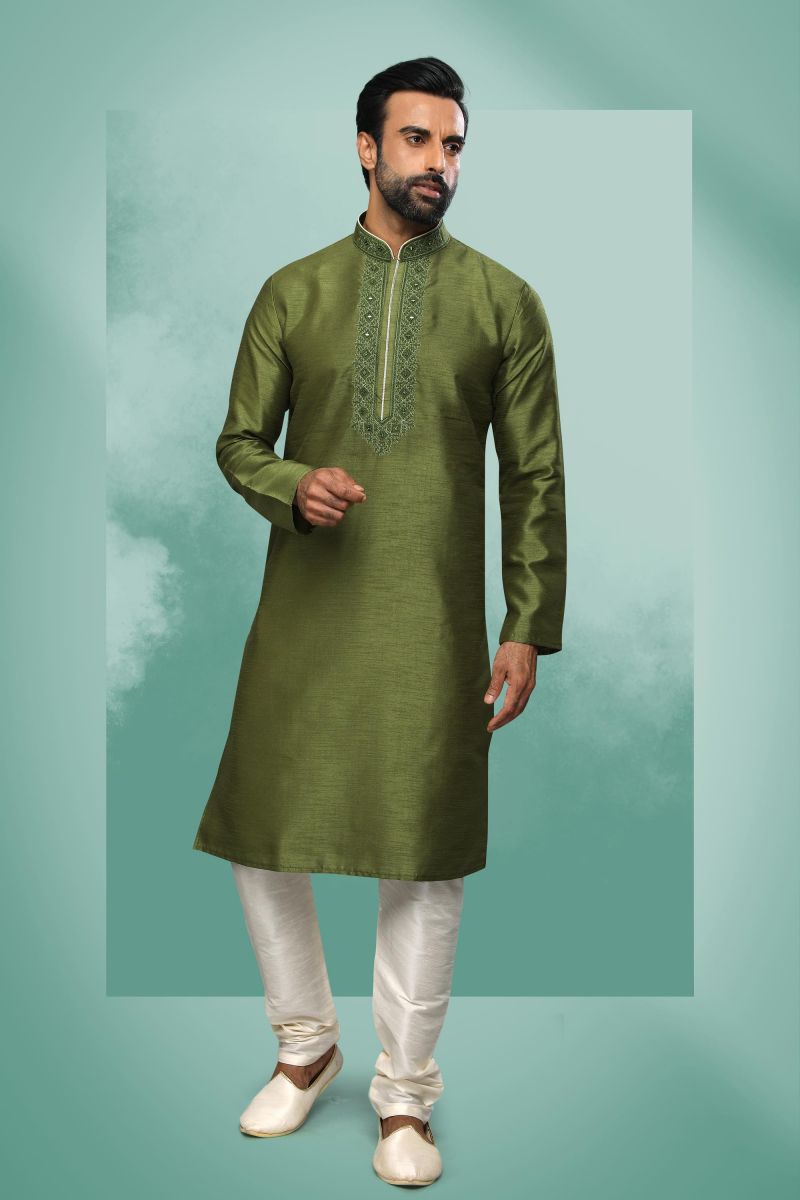 Art Silk Lovely Green Color Festive Wear Readymade Kurta Pyjama For Men