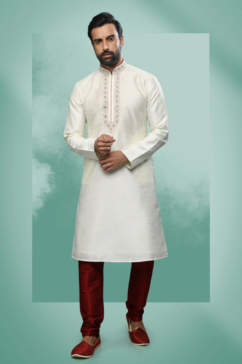 Cream Color Sangeet Wear Pretty Readymade Kurta Pyjama For Men In Art Silk Fabric