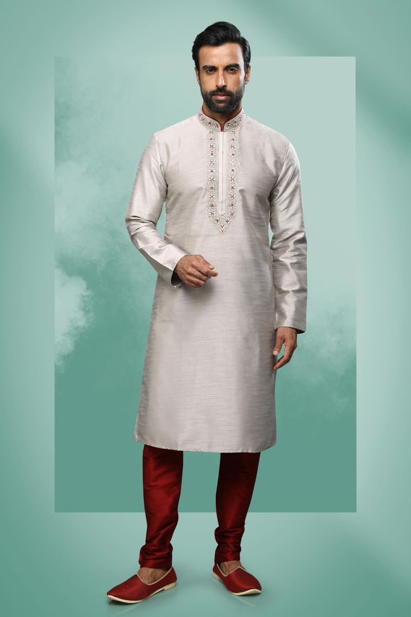 Art Silk Wedding Wear Readymade Kurta Pyjama For Men In Grey Color