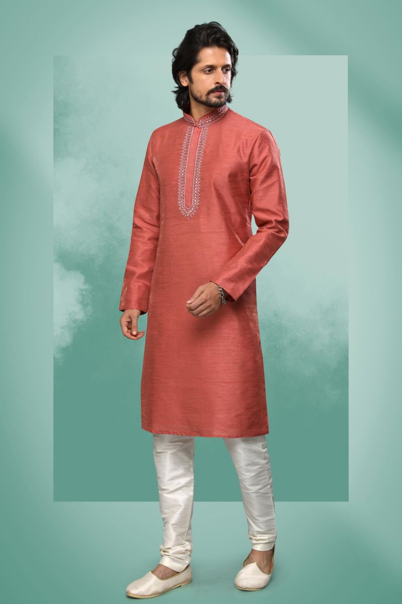 Reception Wear Attractive Readymade Kurta Pyjama For Men In Rust Color Art Silk Fabric