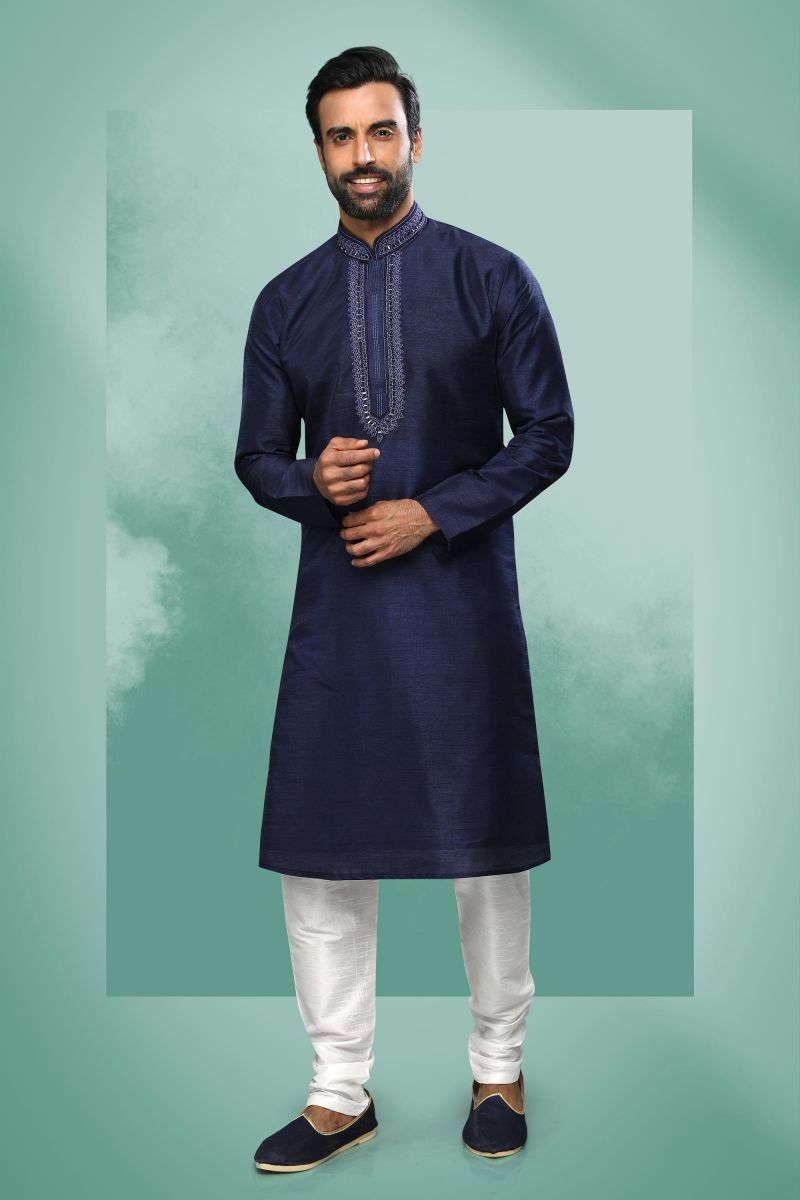 Navy Blue Color Art Silk Function Wear Readymade Kurta Pyjama For Men