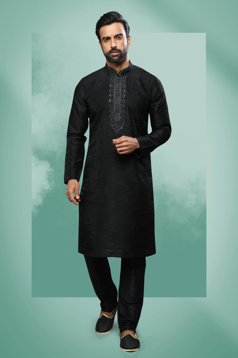 Art Silk Black Color Festive Wear Readymade Men Stylish Kurta Pyjama