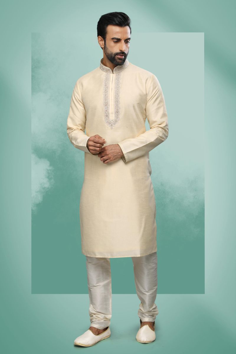 Art Silk Beige Color Wedding Wear Readymade Designer Men Kurta Pyjama