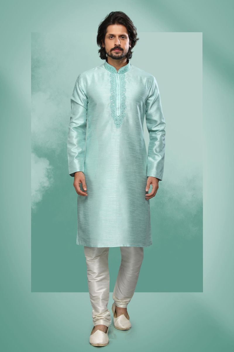 Sea Green Color Gorgeous Art Silk Reception Wear Readymade Kurta Pyjama For Men