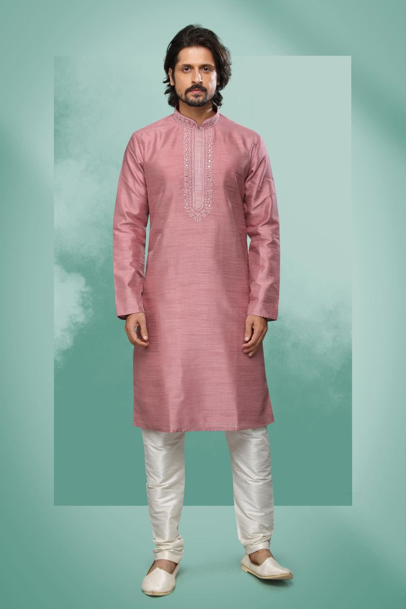 Art Silk Stunning Pink Color Function Wear Readymade Men Kurta Pyjama