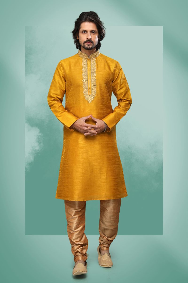 Art Silk Golden Color Festive Wear Readymade Lovely Kurta Pyjama For Men