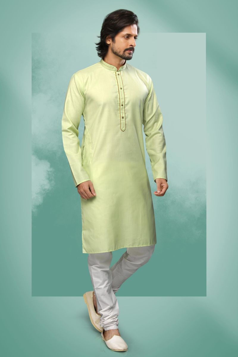 Cotton Sangeet Wear Readymade Men Kurta Pyjama In Sea Green Color