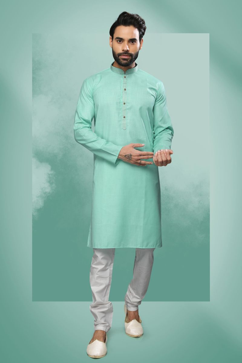 Sea Green Color Wedding Wear Readymade Kurta Pyjama For Men In Cotton Fabric