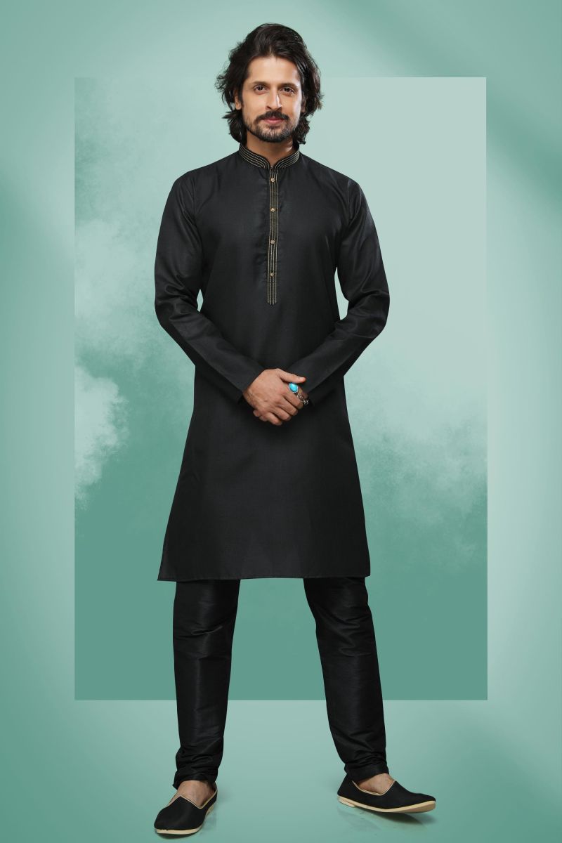 Black Cotton Graceful Readymade Men Kurta Pyjama For Festive Wear