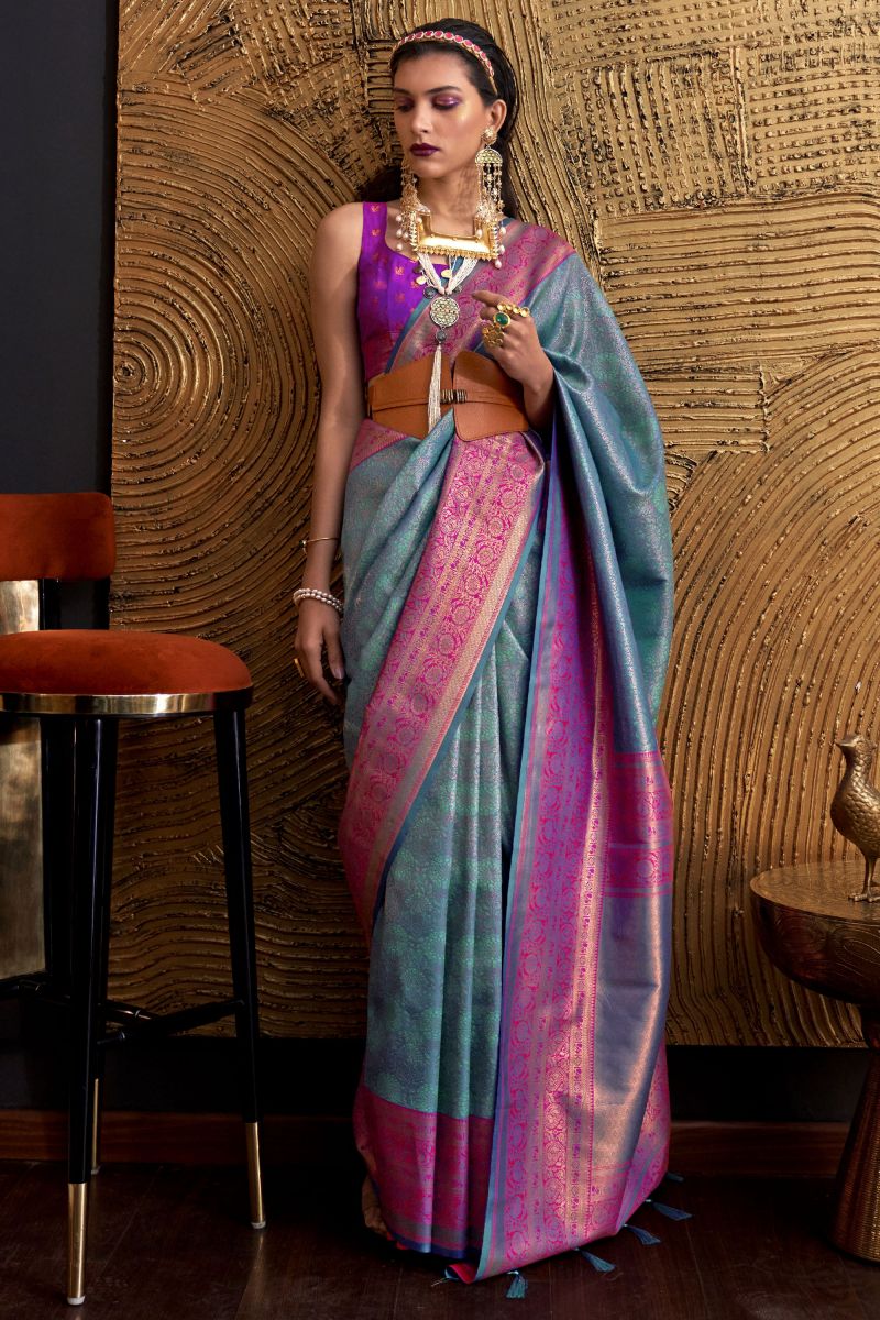 Cyan Color Art Silk Weaving Work Saree