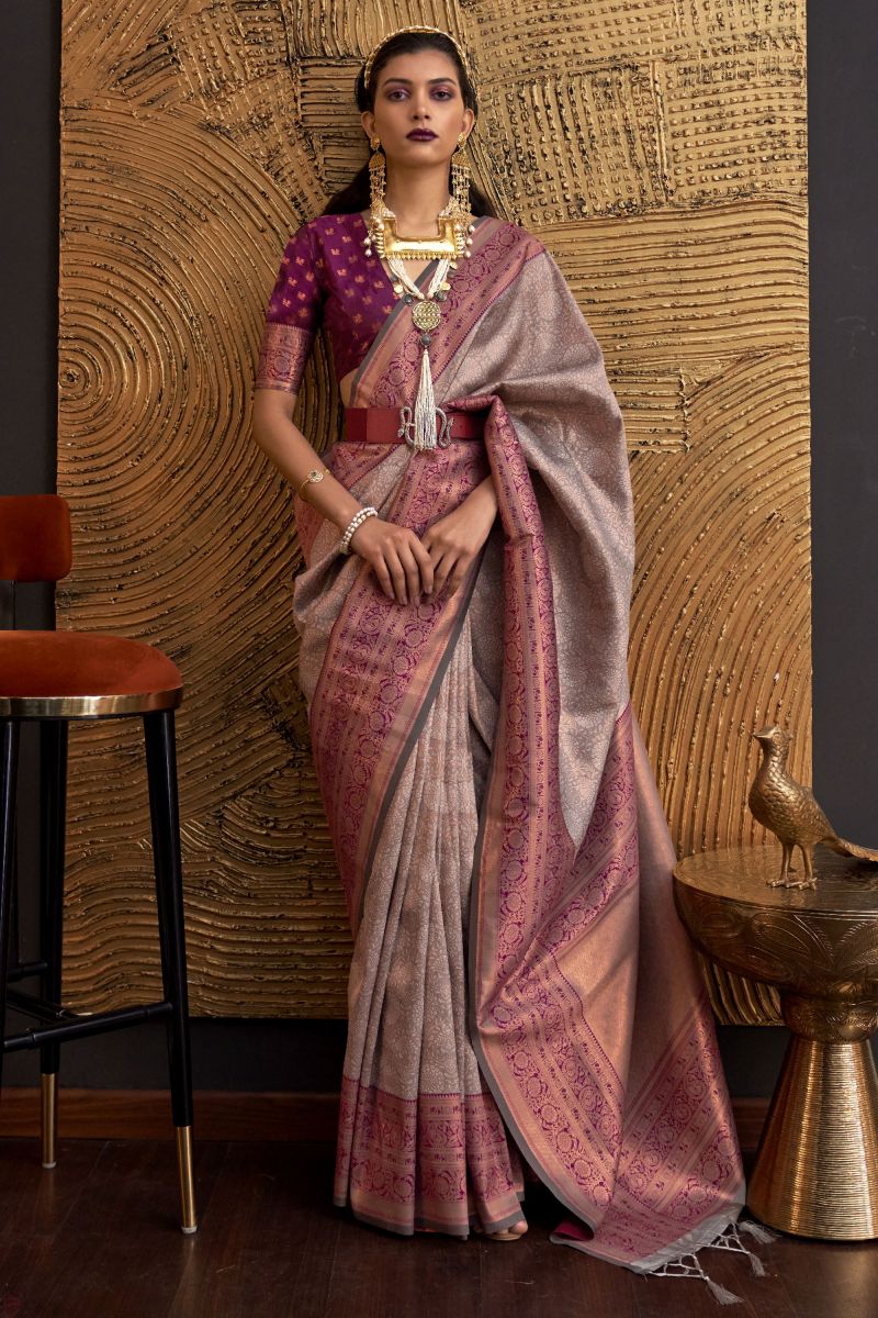 Dark Beige Color Weaving Work Art Silk Saree