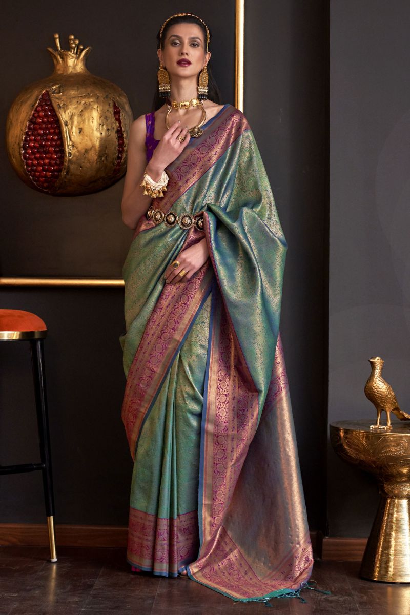 Teal Color Art Silk Fashionable Weaving Work Saree