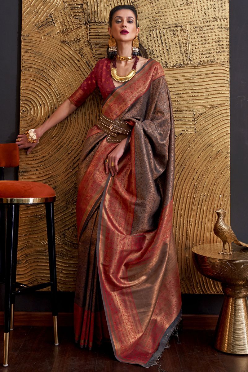 Art Silk Brown Color Weaving Work Stylish Saree