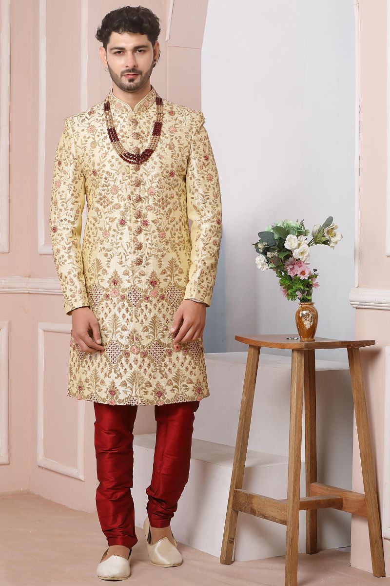 Beige Color Banarasi Silk Wedding Wear Readymade Sherwani For Men