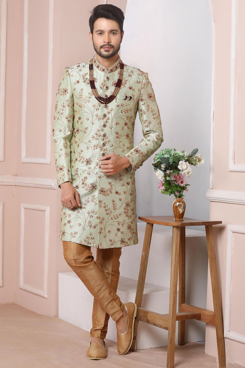 Banarasi Silk Sea Green Color Wedding Wear Readymade Men Stylish Sherwani