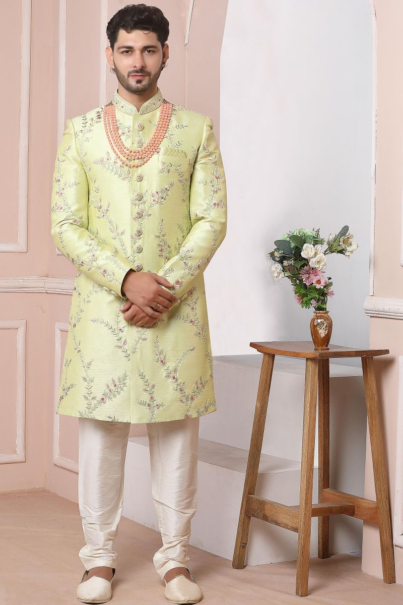 Beige Color Banarasi Silk Wedding Wear Trendy Readymade Sherwani For Men