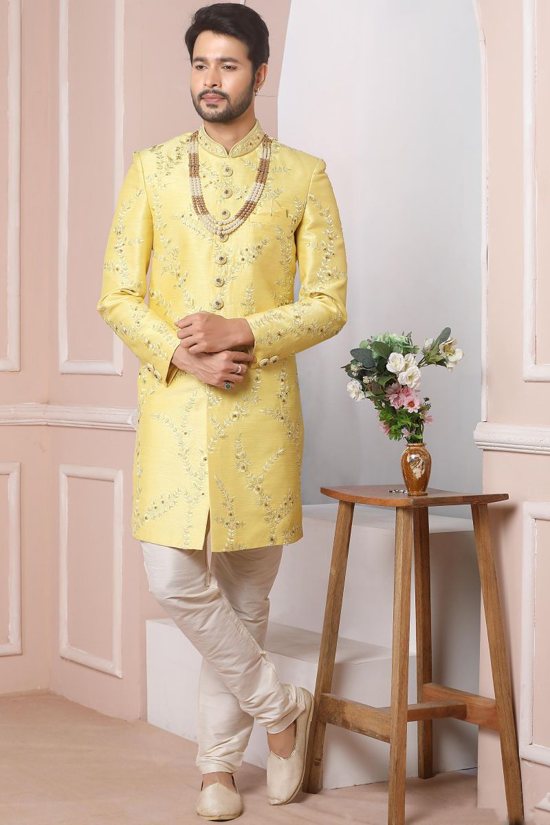 Banarasi Silk Yellow Color Wedding Wear Readymade Designer Men Sherwani