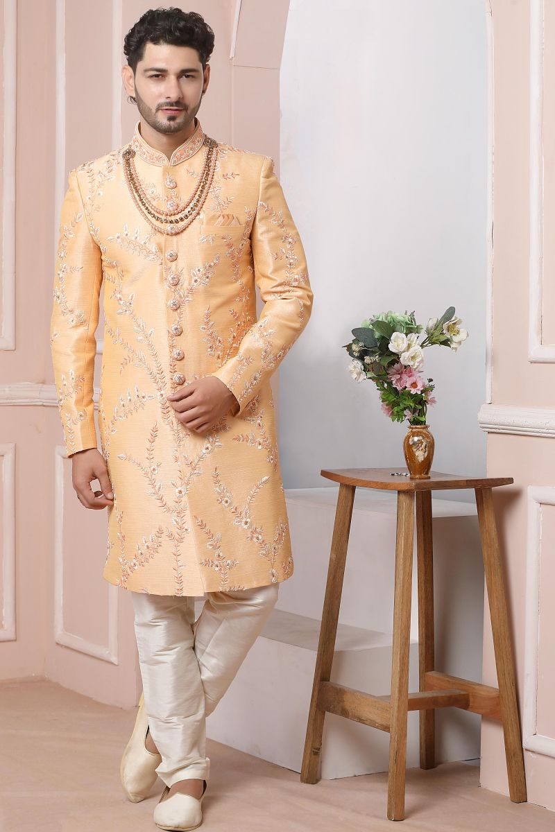 Peach Color Gorgeous Banarasi Silk Wedding Wear Readymade Sherwani For Men