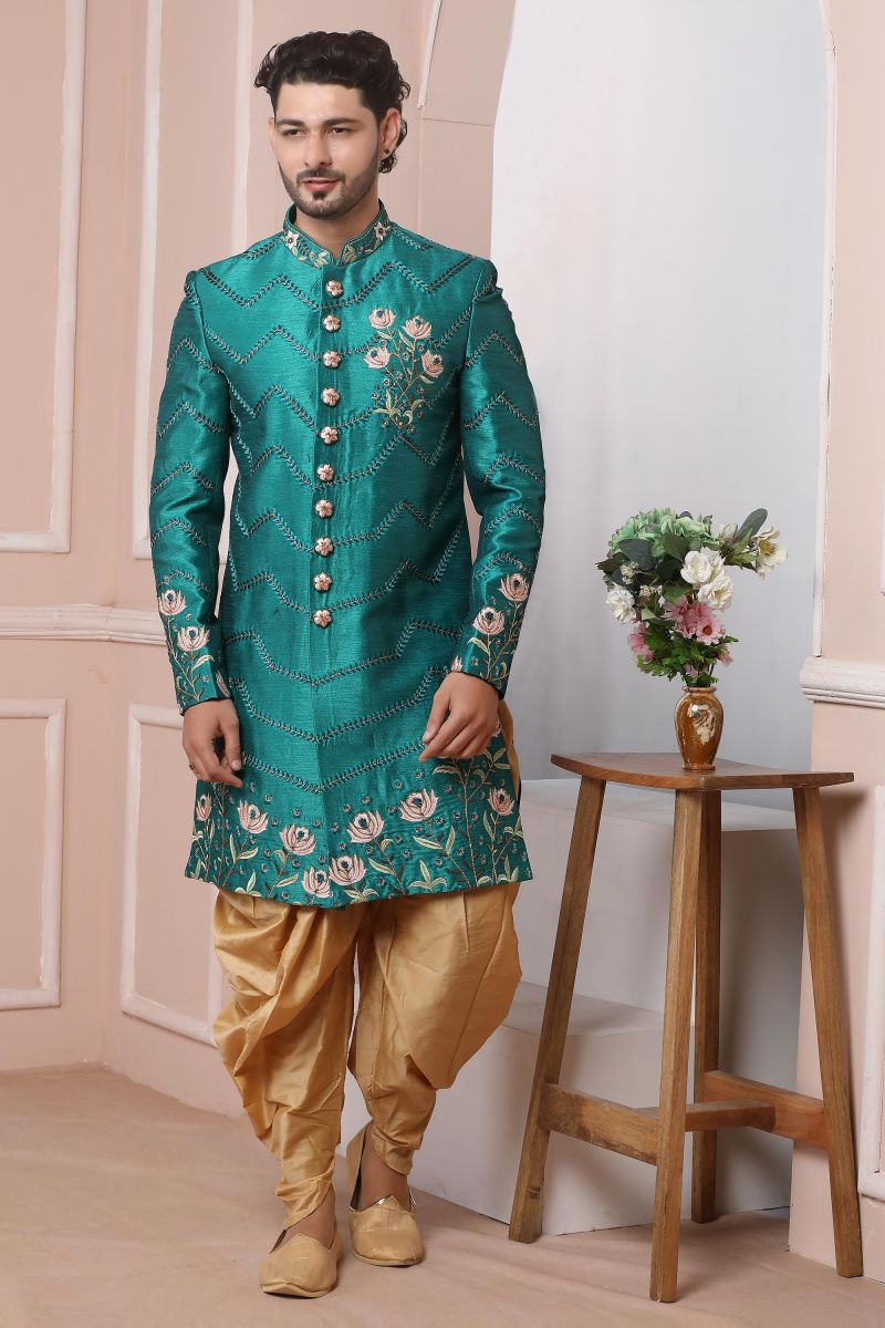 Banarasi Silk Stunning Teal Color Wedding Wear Readymade Men Sherwani