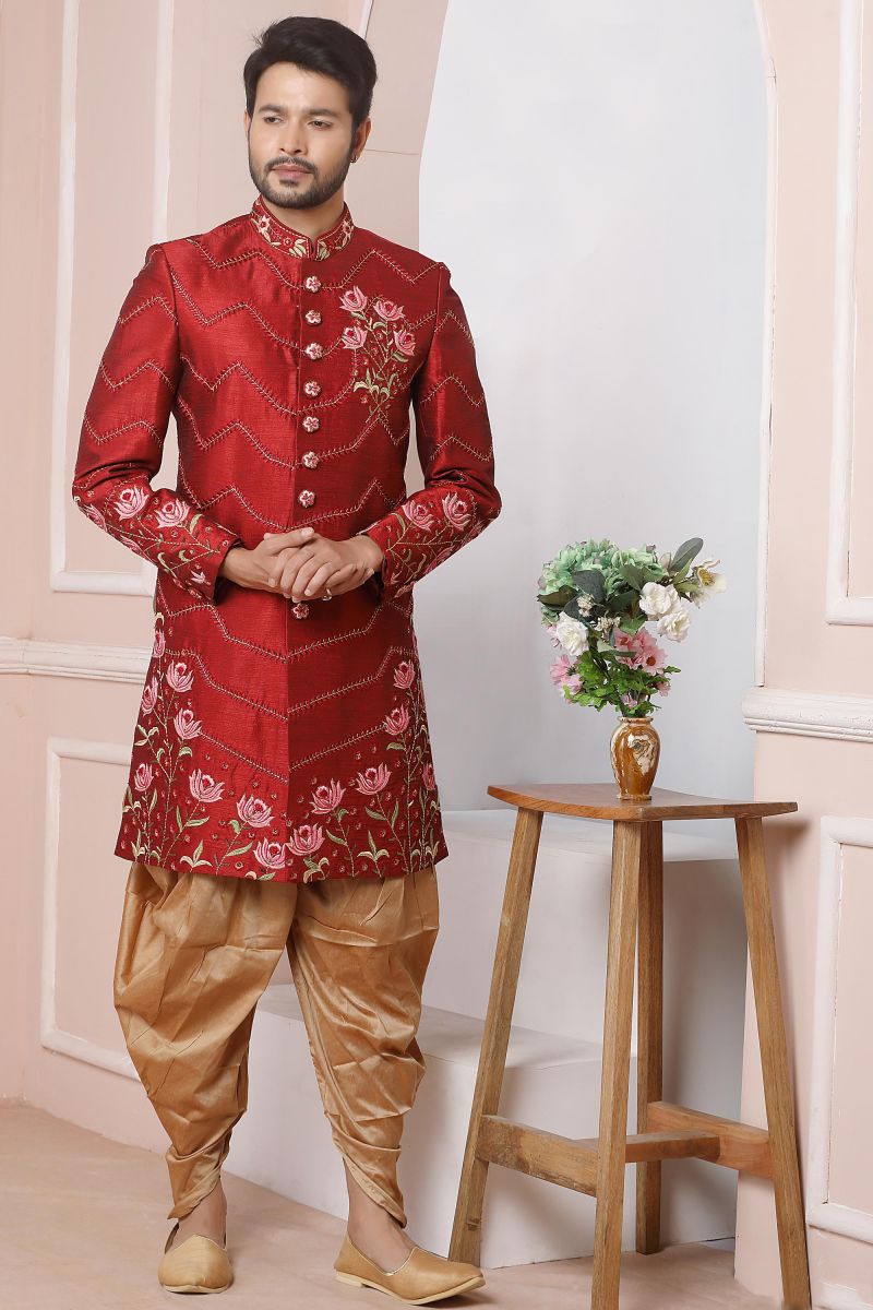 Banarasi Silk Maroon Color Wedding Wear Readymade Lovely Sherwani For Men